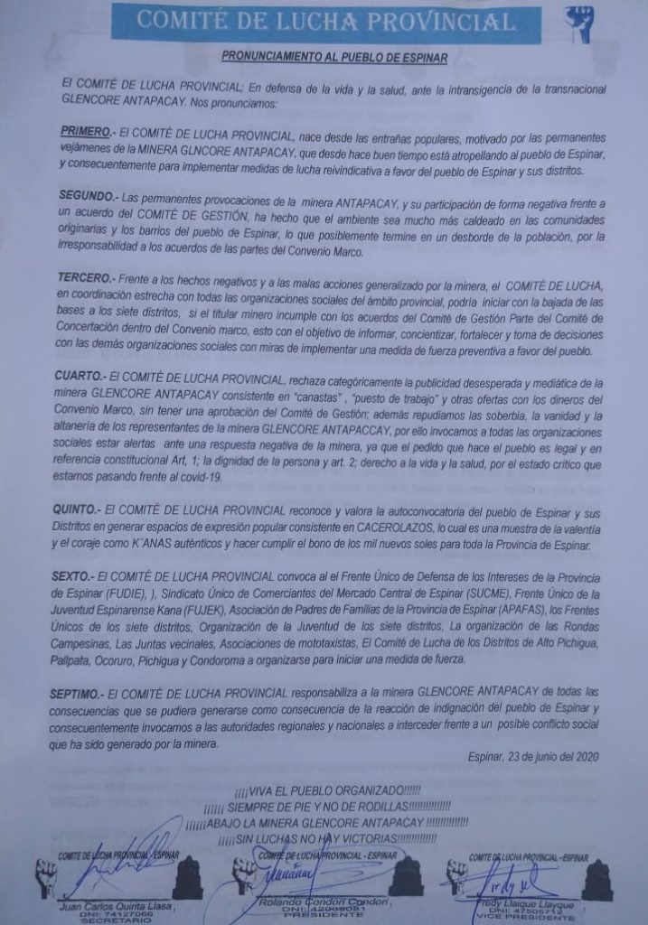 Comit De Lucha Provincial De Espinar Rechaza Acciones Medi Ticas De Antapaccay Para Ratificar